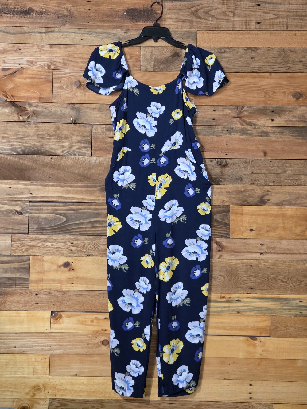 Jumpsuit Navy Floral Smocked Back Puff Sleeve Cottagecore MP Pockets LOFT Outlet